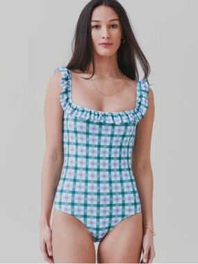 EPHEMERA gingham Flounce One Piece Swimsuit ruffle scoop back mojito print